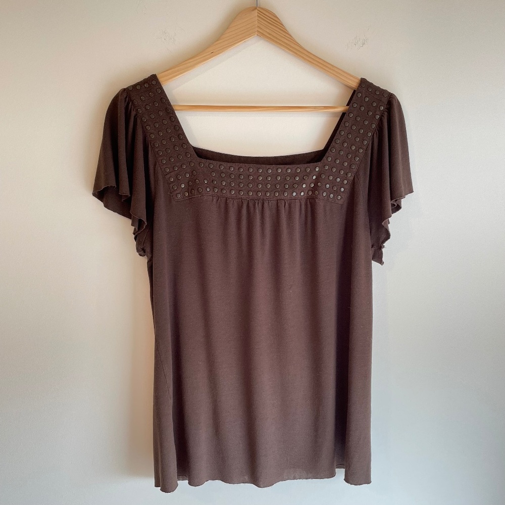 Matty M Womens Short Sleeve Brown Flutter Top with Square Neckline, Size M
